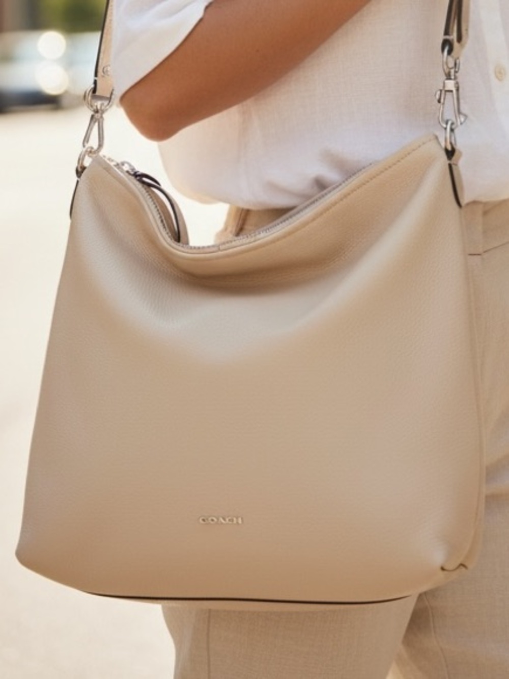 Coach 27858 Pebbled Leather Hobo Shoulder Bag – Stone/Chalk